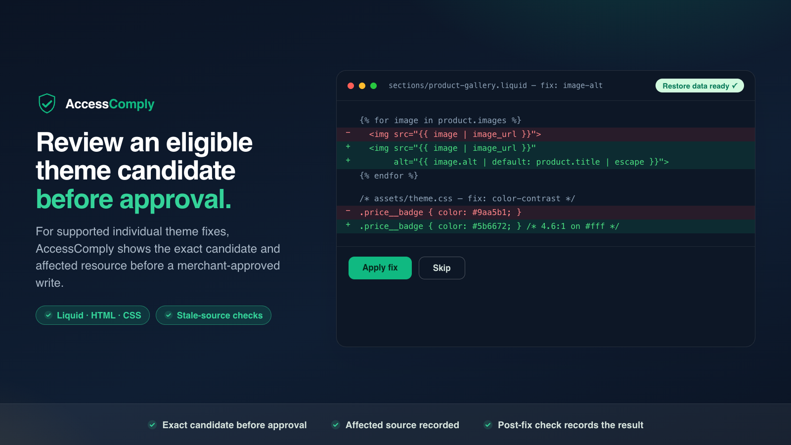 Before-and-after code diff in AccessComply showing a proposed accessibility change to a Shopify theme snippet