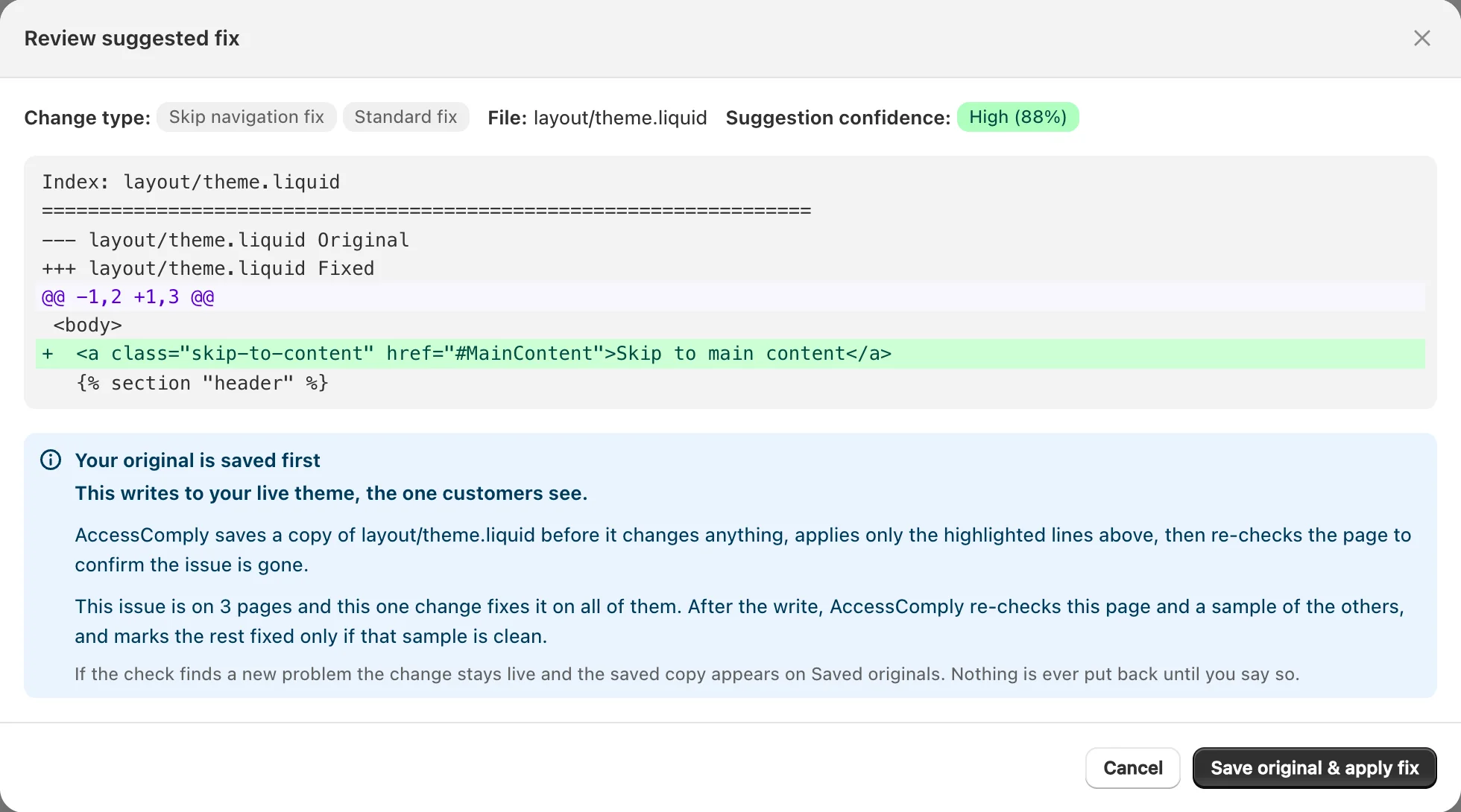 A fix preview in AccessComply: the theme file, the exact lines added, and a note that the original is saved first and the page is checked again